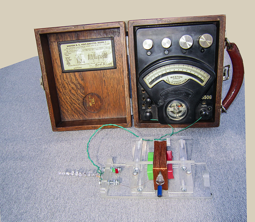 An model A.C. generator connected to a Weston model 1 D.C. volt-ammeter and a string of leds