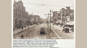 Jasper Avenue 1908 showing street car rails and overhead catenary for powering the streetcars