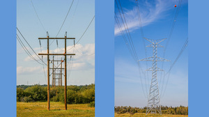 A double circuit wood structure for showing the string insulators and conductors in a summer country side 