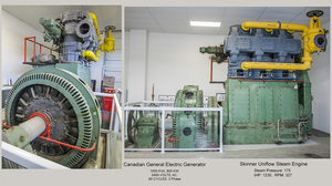 Skinner Uniflow Steam Engine & GE Alternator. The three-cylinder unaflow engine drove the GE generator at the Alberta Legislative Assembly building beginning in 1951.