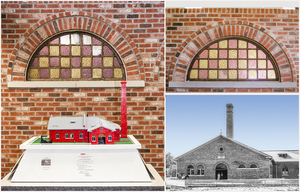 These stained glass windows are from the Edmonton Water and Light Plant, circa 1902. Edmonton's colours were maroon and ivory.