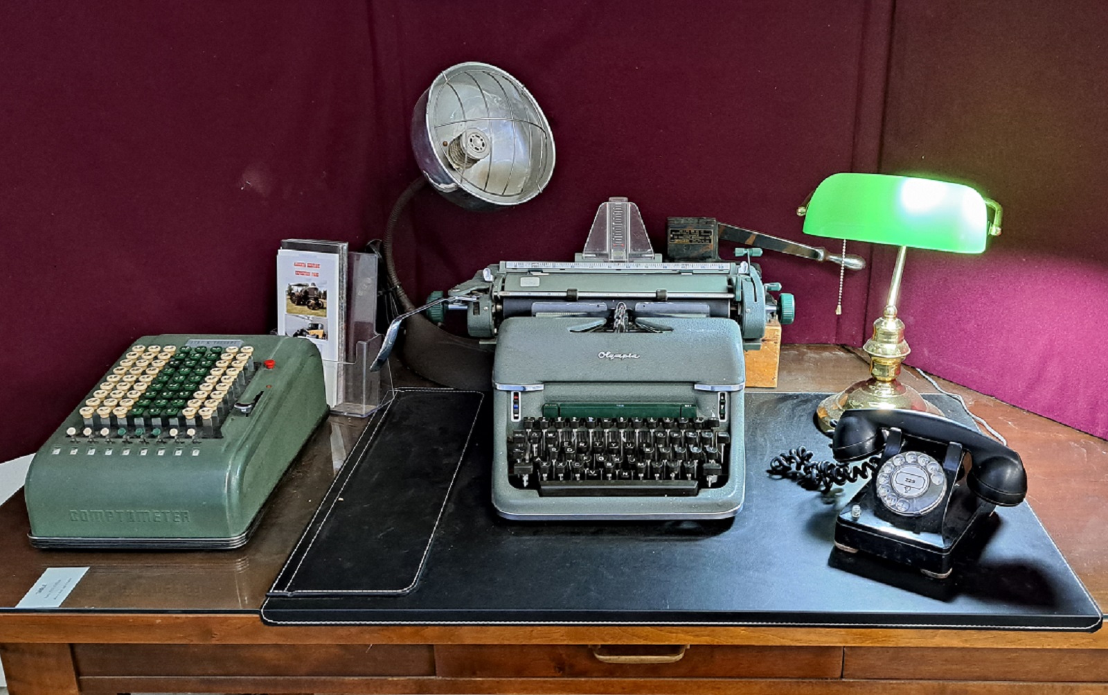 Period correct Comptroller, heater, typewriter, hole punch, desk lamp & telephone
