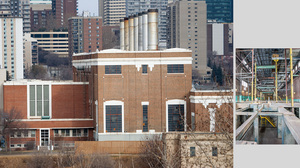 rossdale control room lower left, boiler house middle, turbine hall right, boiler steel in sidebar.